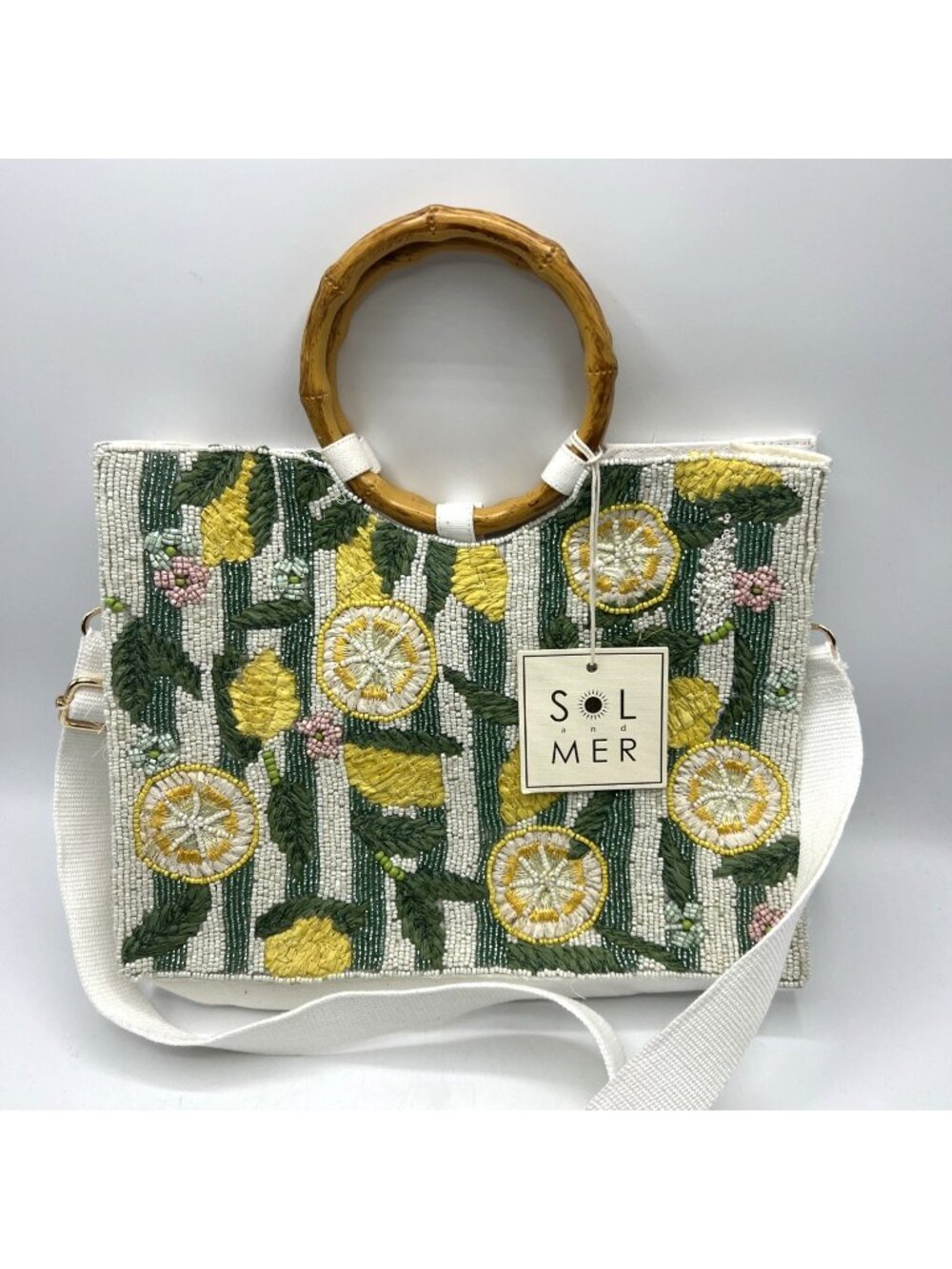 Sol And Mer Floral Beaded Lemon Tote Bag Bamboo Handles Crossbody Strap NWT